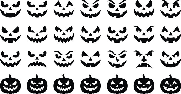 Set of halloween pumpkin faces, scary jackolantern expressions, spooky carved pumpkin silhouettes, vector collection of holiday icons