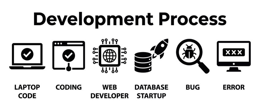 Development process icons set representing coding, web development and debugging
