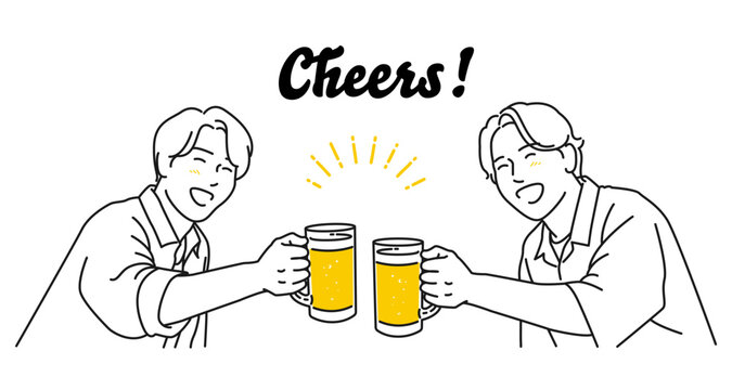 ビールジョッキを手に乾杯する笑顔の男性たちの線画イラスト素材 ベクター 白背景 夏 ビアガーデン
