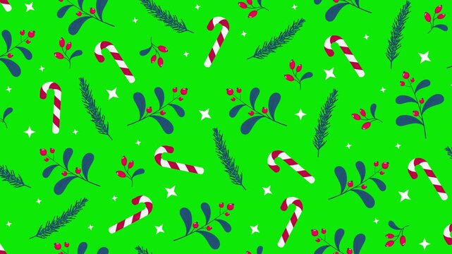 Leaves and berries with candy cane seamless pattern animation. Perfect for holiday decoration. Winter holidays theme. 4K animation