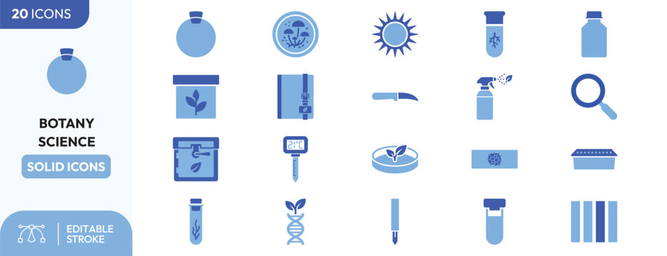 Botanical Research Solid Icons Set for Science.