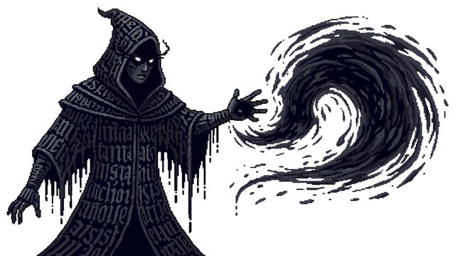 Mysterious hooded figure casting dark magic spell.