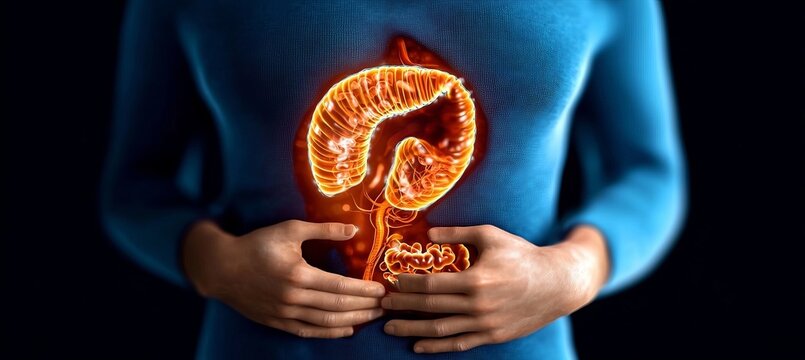 Illustration of Human Digestive System with Inflamed Organs Representing Acid Indigestion Symptoms
