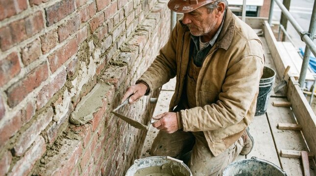 Bricklayer Restoring Wall: A skilled bricklayer, focused and weathered, meticulously repairs an old brick wall with cement, his hands calloused and experienced.