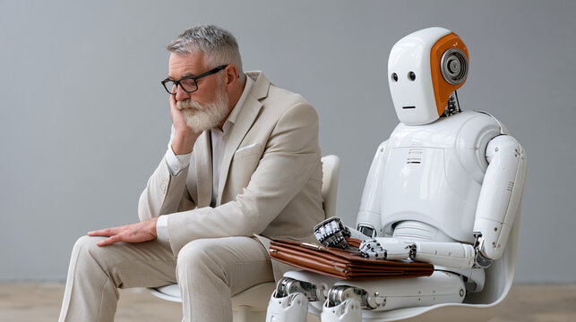 Future Anxiety: A pensive, mature man with glasses and a beard sits beside a modern robot, contemplating the unknown future and the rise of artificial intelligence.