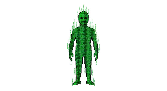 Green Alien Figure Made of Digital Code.