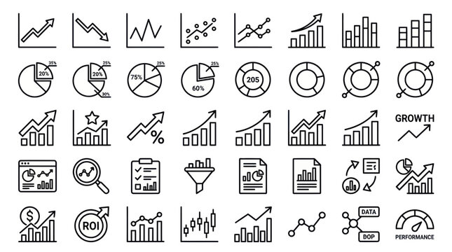 Financial Charts and Graphs Icons Set - Business Growth and Analysis