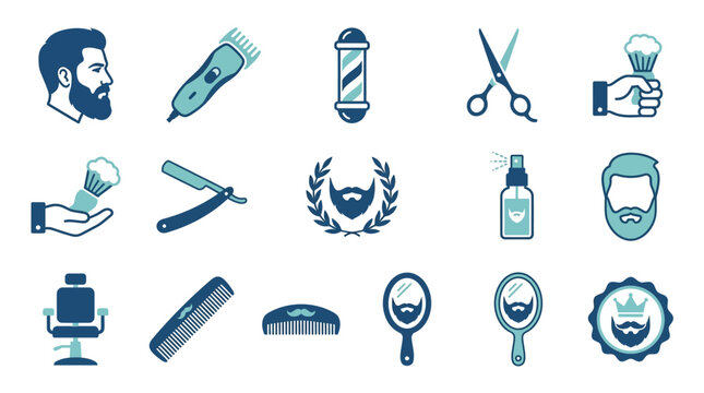 Various barber tools and icons for grooming services