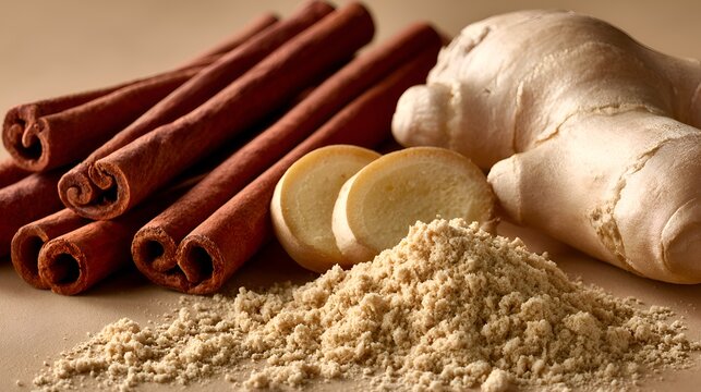 Cinnamon sticks, fresh ginger root, ginger slices, and ground ginger are arranged on a neutral surface for a culinary presentation.