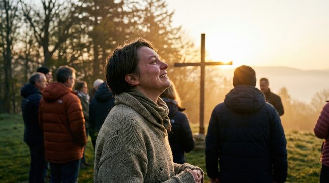 Sunrise Worship: A group of people gathers on a hilltop at sunrise, with a wooden cross silhouetted against the golden sky, fostering a sense of community and spiritual reflection.
