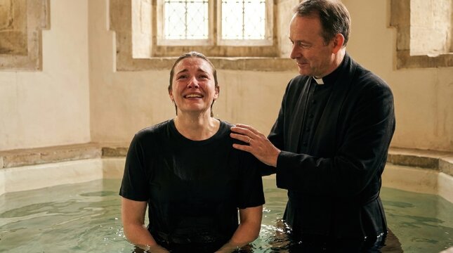 Sacred Immersion: A woman receives baptism in a baptismal font, her face beaming with spiritual joy as a clergyman places a hand on her shoulder, symbolizing her spiritual rebirth.