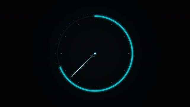 Futuristic Blue Glowing Analogue Speedometer Dial Rotating on Digital Dashboard Interface Scale on Black Background