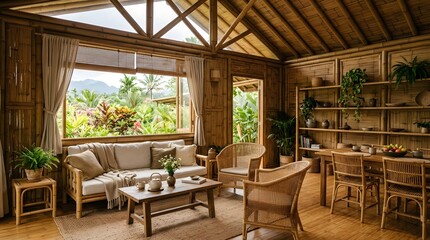 Fototapeta premium Bright and airy tropical living room interior, meticulously designed with natural bamboo and rattan furniture, providing a luxurious yet tranquil connection to nature