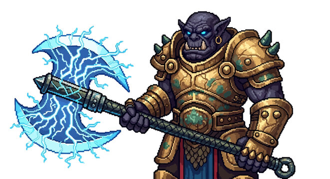 Mighty Orc Warrior Holding Enchanted Battle Axe.