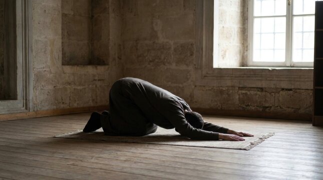 Man Praying in Historic Room: A man in prayer, prostrating himself on a rug within a rustic stone room, illuminated by natural light from a window, evoking a sense of deep devotion and contemplation.