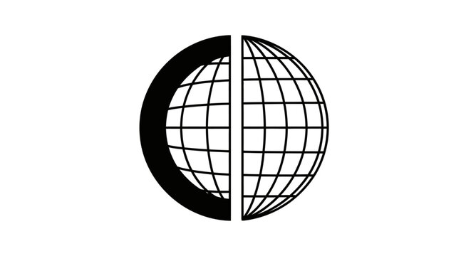 Simplified black and white illustration of a semi-sphere globe with grid lines and shadow