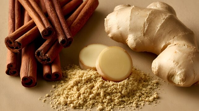 Cinnamon sticks and fresh ginger root with sliced ginger and powder are arranged on beige background for cooking or health benefits.