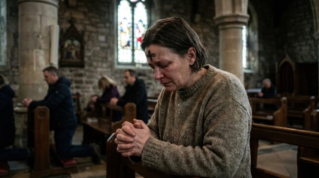 Ash Wednesday Devotion: A woman with a cross of ash on her forehead prays in a church pew, her hands clasped in solemn devotion during an Ash Wednesday service.