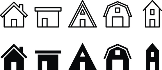 Set of house icons, including traditional suburban homes, modern flat roof buildings, aframe cabins, and rustic barns, in both outline and solid styles © Mostakim72