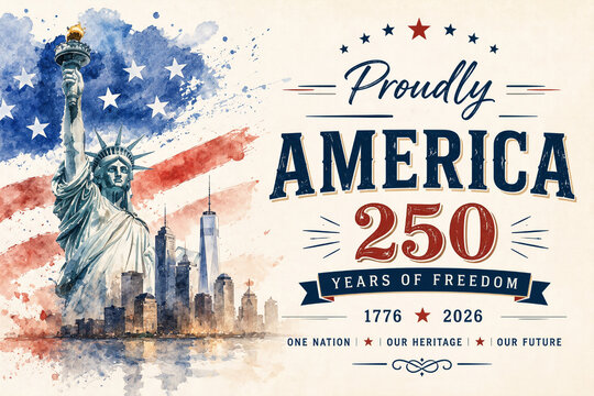 Vintage poster for USA semiquincentennial 1776-2026. Iconic Statue of Liberty, constitutional sovereignty, thirteen colonies, civic patriotism, 4th of july America 250th anniversary independence day.
