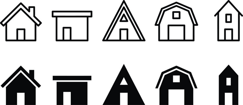 Set of house icons, including traditional suburban homes, modern flat roof buildings, aframe cabins, and rustic barns, in both outline and solid styles