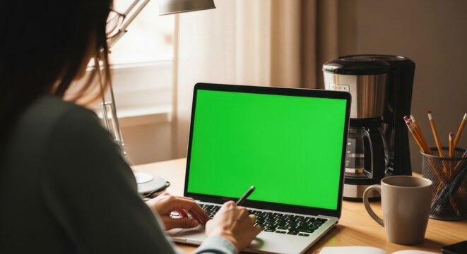 A person engrossed in work on a laptop computer displaying a vibrant green screen, situated on a wooden desk with office supplies and a coffee maker, conveying the essence of remote