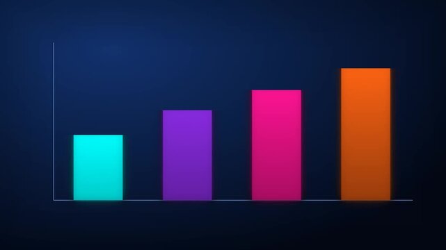 An animated bar chart displays data growth with four vibrant, colorful pillars against a blue screen.