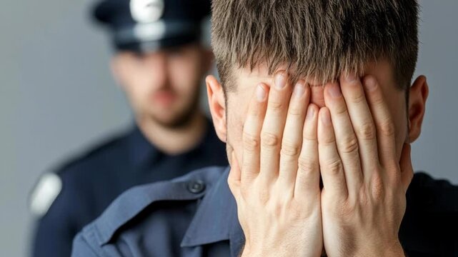 A distraught police officer hides his face in his hands while a colleague stands behind him.