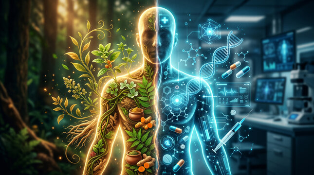 split-view of human silhouette Ayurvedic herbal, botanical elements with laboratory science, DNA strands, pills syringe to illustrate holistic health, alternative medicine modern biotechnology