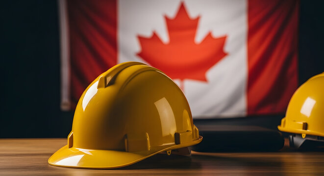Canada day construction safety yellow hard hats in front of canadian flag