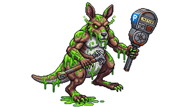 Mutant Kangaroo Holding Parking Meter and Club.