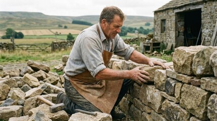 Obraz premium Stonemason at Work: A seasoned stonemason, clad in an apron, carefully places a stone to build a rustic wall in a picturesque countryside setting, showcasing traditional craftsmanship.