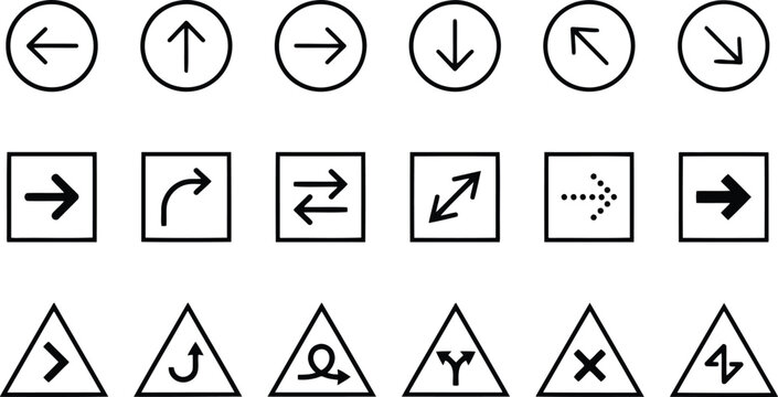 Set of various arrow icons in circles, squares, and triangles, including directional, curved, dotted, and warning signs