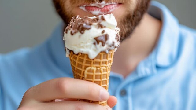 A close-up shot of a man with a beard enjoying a scoop of vanilla ice cream in a waffle cone.