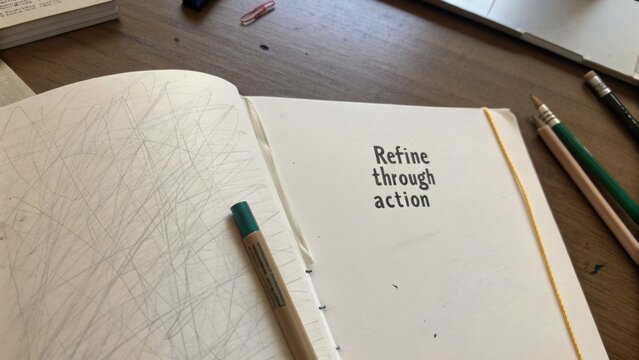 Notebook with motivational text 'Refine through action' surrounded by stationery items on a wooden table in a creative workspace