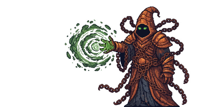 Mysterious hooded sorcerer casting green magic spell.