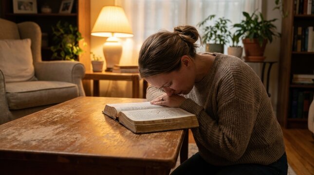 Quiet Devotion: A woman finds solace in quiet contemplation, her head bowed in prayer over an open sacred text in the warm, ambient light of her home.