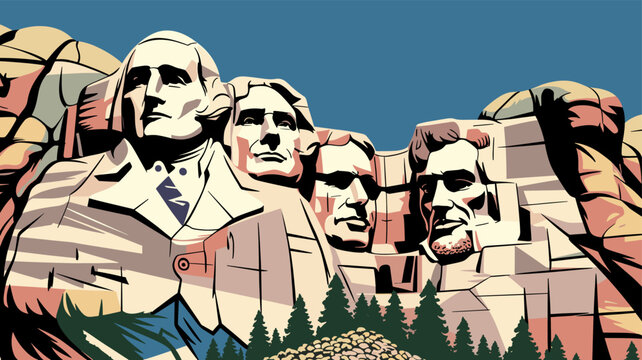 Stylized illustration of Mount Rushmore National Memorial featuring the carved faces of four U.S. presidents.