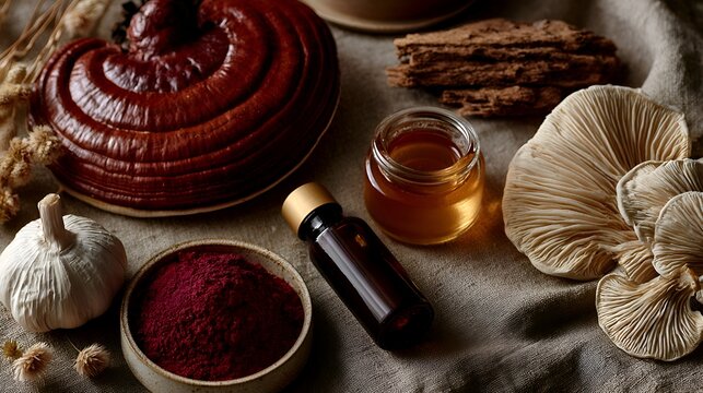 An arrangement of reishi mushroom, honey, garlic, wood, and other natural ingredients displayed for health and wellness products focus.