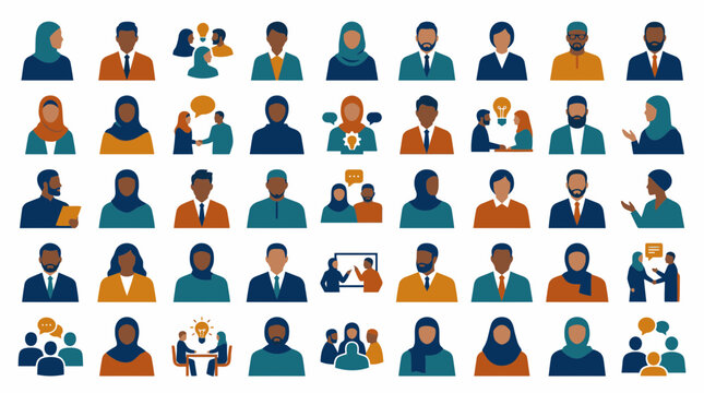 Diverse group of people and professional icons featuring hijabs and business attire.
