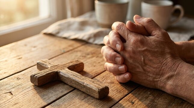 Hands clasped in Prayer: A weathered wooden cross rests on a rustic wooden table, bathed in soft sunlight streaming from a nearby window, as an elder's hands are joined in prayer.