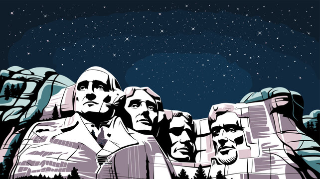 An artistic illustration of Mount Rushmore National Memorial at night, featuring the carved faces of four U.S. presidents under a starry sky.