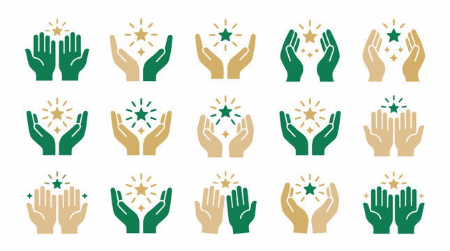 Diversity hands in various skin tones holding up bright glowing achievement stars.