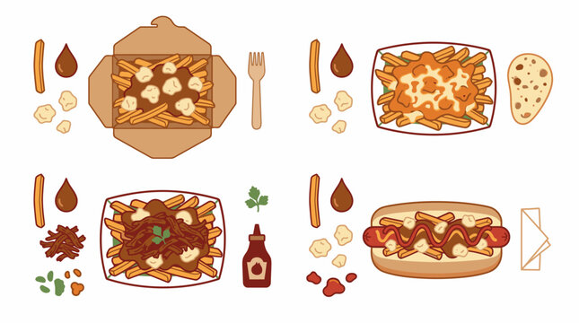 Fast food takeout and delivery icons with fries and poutine