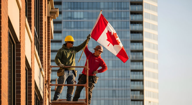 Canada day celebration construction workers displaying canadian flag on building scaffolding