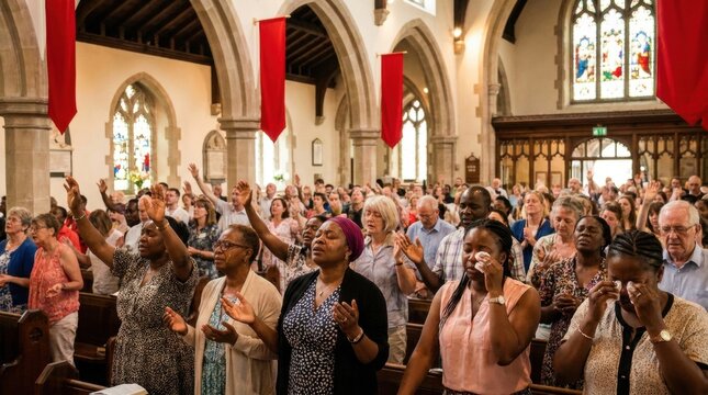 Congregation in Worship: A diverse group of people of various ages and ethnicities stand with hands raised in a church, participating in a religious service with expressions of devotion, prayer.