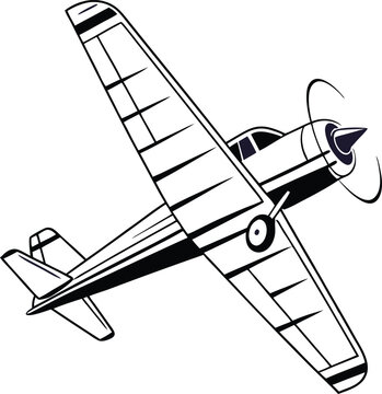 Vintage propeller airplane vector illustration, retro monoplane aircraft flying in the sky, classic light plane line art icon for aviation logos