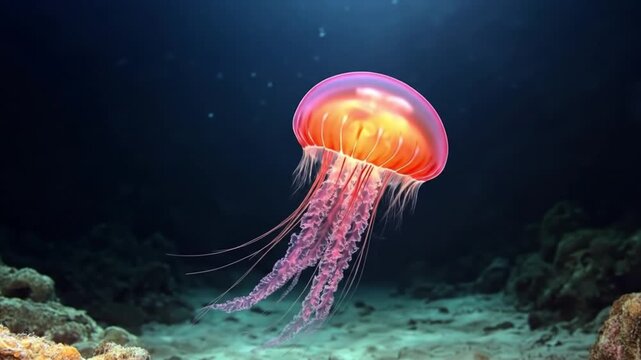 A vibrant jellyfish glows with bioluminescence as it drifts through the deep ocean, its tendrils trailing gracefully