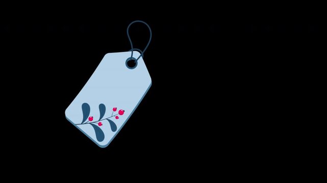 Gift winter tag animation. Gift tag with plant and floral. Sale promotion and gift card. 4K animation. Transparent background with alpha channel