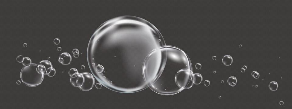 Bubble foam isolated on background.3d Realistic transparent soap bubbles, liquid texture,water effect. Cosmetic purity concept for cleaning products,hygiene advertising,beauty branding,design creative